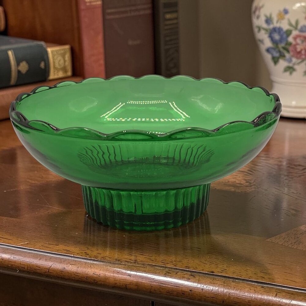 Set of 2 Vintage E.O. Brody Co Green Glass M2000 Pedestal Bowls